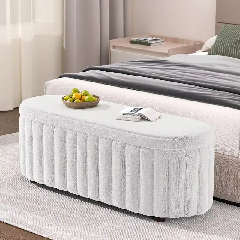 Panca pouf contenitore imbottita in lino grigio/bianco, 2-3 persone