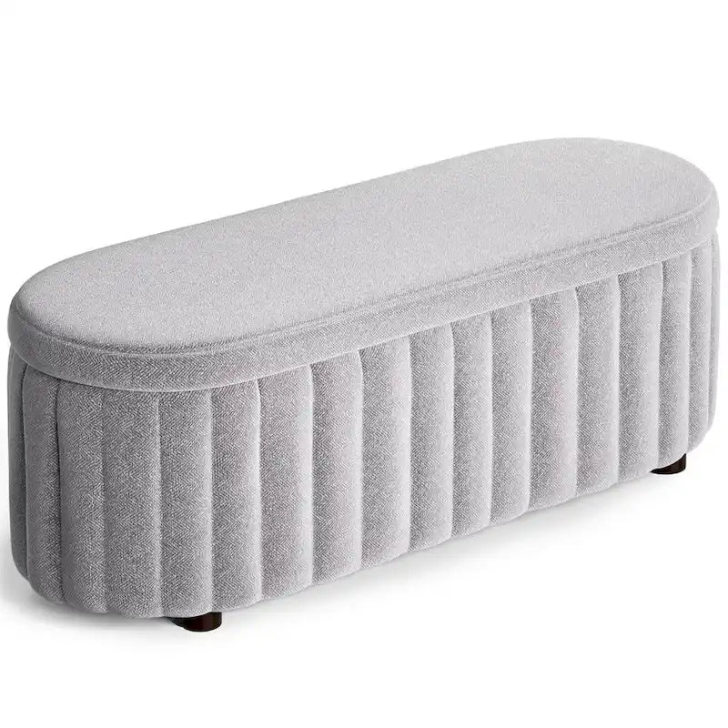 Panca pouf contenitore imbottita in lino grigio/bianco, 2-3 persone