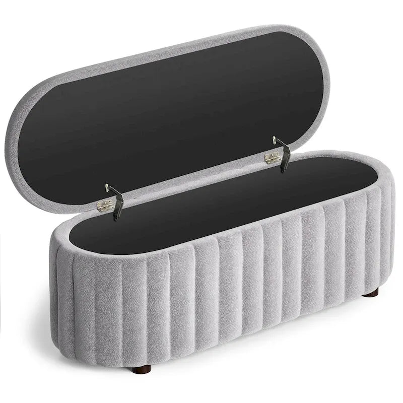 Panca pouf contenitore imbottita in lino grigio/bianco, 2-3 persone