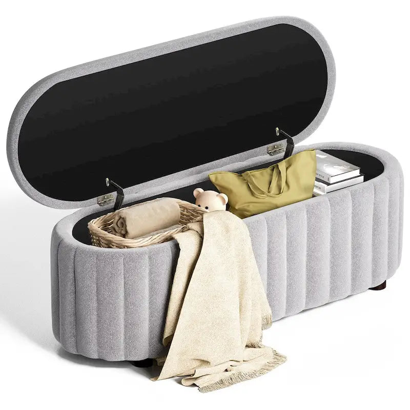 Panca pouf contenitore imbottita in lino grigio/bianco, 2-3 persone