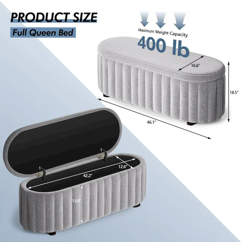 Panca pouf contenitore imbottita in lino grigio/bianco, 2-3 persone