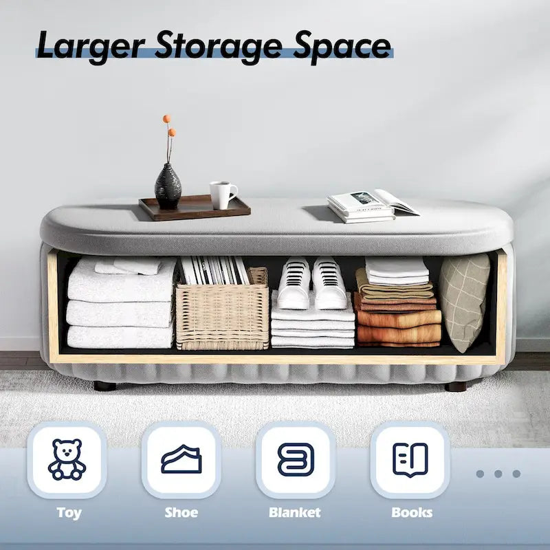 Panca pouf contenitore imbottita in lino grigio/bianco, 2-3 persone