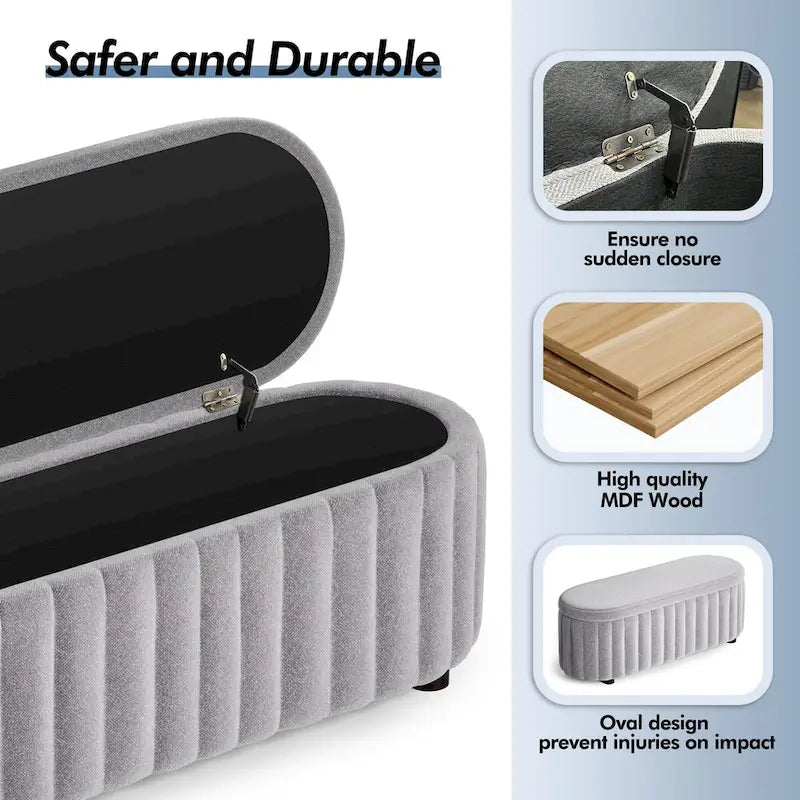 Panca pouf contenitore imbottita in lino grigio/bianco, 2-3 persone