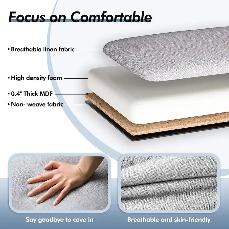Panca pouf contenitore imbottita in lino grigio/bianco, 2-3 persone