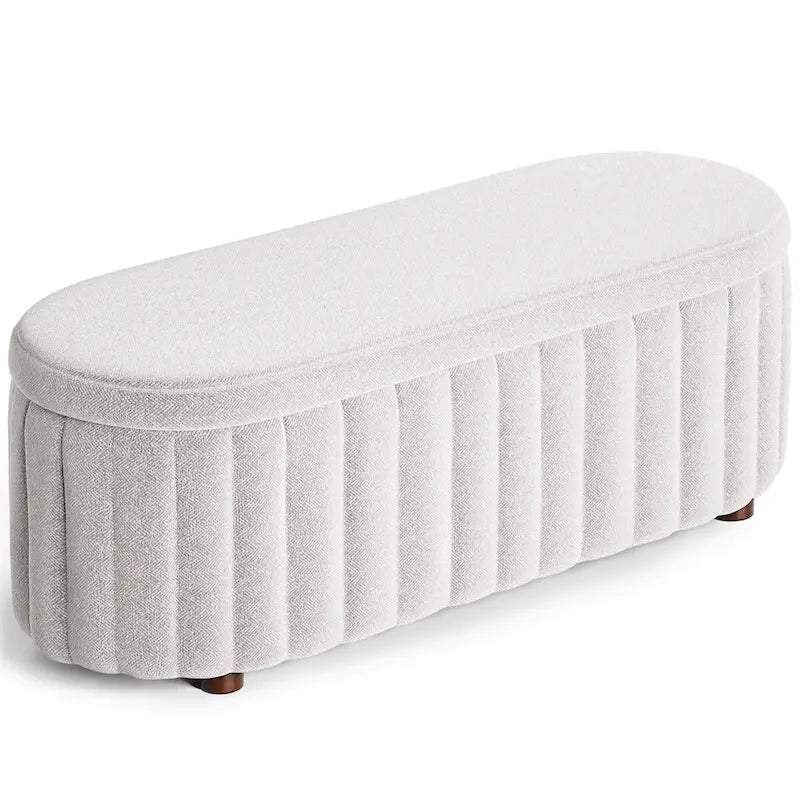 Panca pouf contenitore imbottita in lino grigio/bianco, 2-3 persone