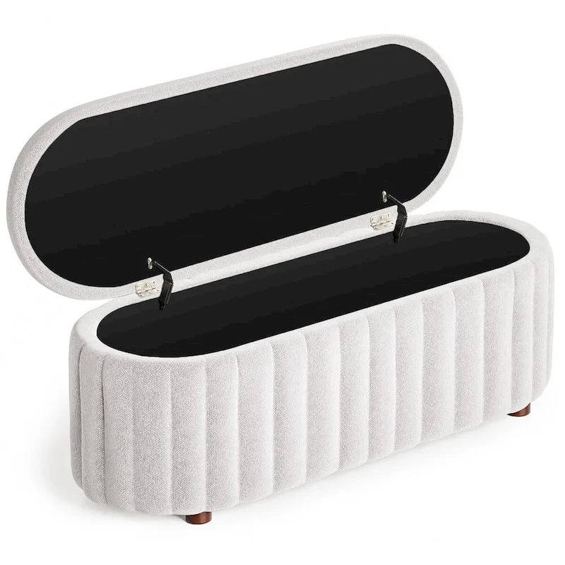 Panca pouf contenitore imbottita in lino grigio/bianco, 2-3 persone