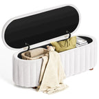 Panca pouf contenitore imbottita in lino grigio/bianco, 2-3 persone