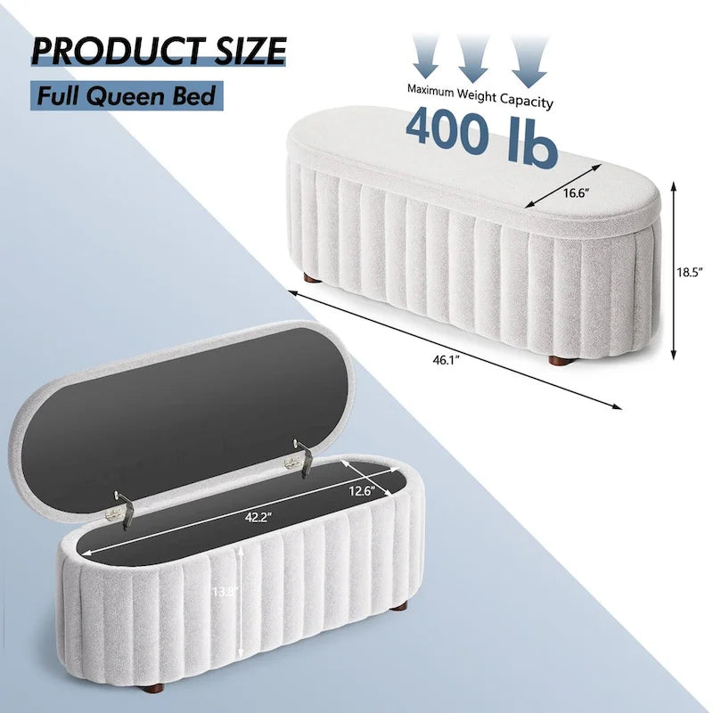 Panca pouf contenitore imbottita in lino grigio/bianco, 2-3 persone