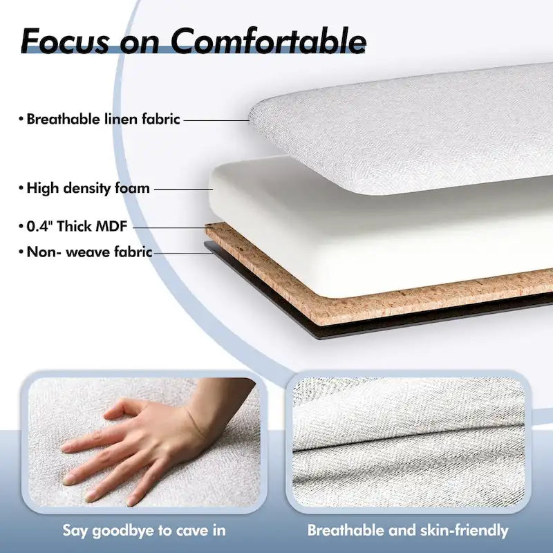 Panca pouf contenitore imbottita in lino grigio/bianco, 2-3 persone