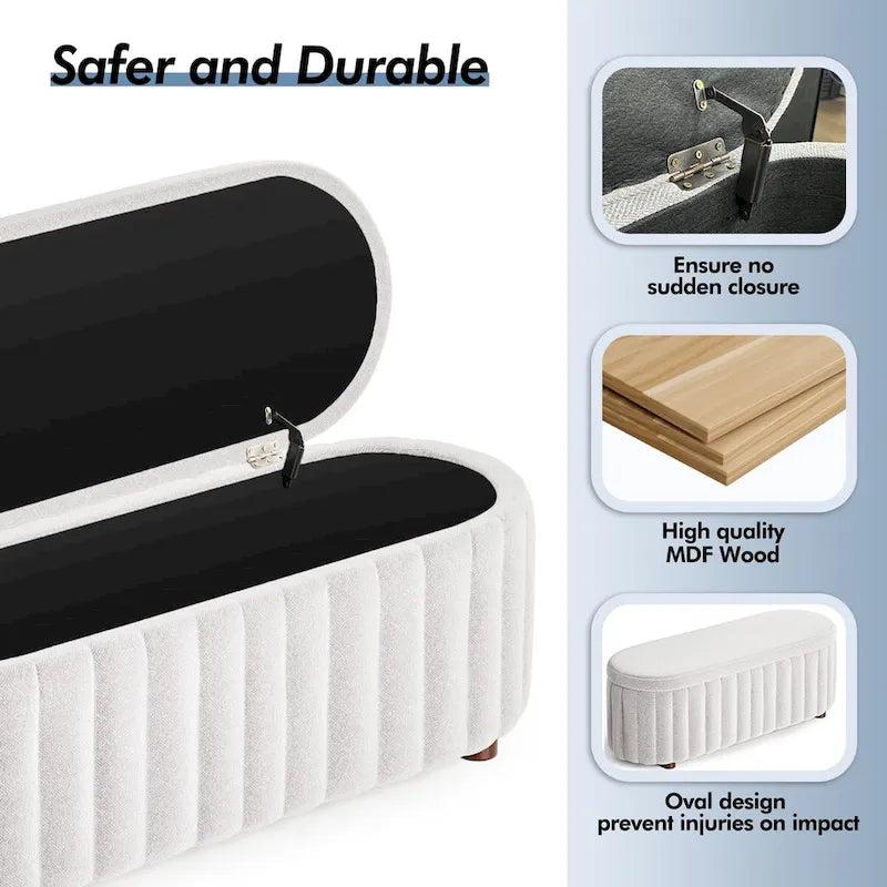 Panca pouf contenitore imbottita in lino grigio/bianco, 2-3 persone