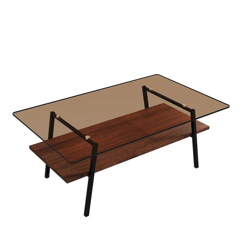 Tavolino da Caffè Rettangolare Bianco/Nero, Stile Moderno, Piano in Vetro Temperato, a 2 Livelli