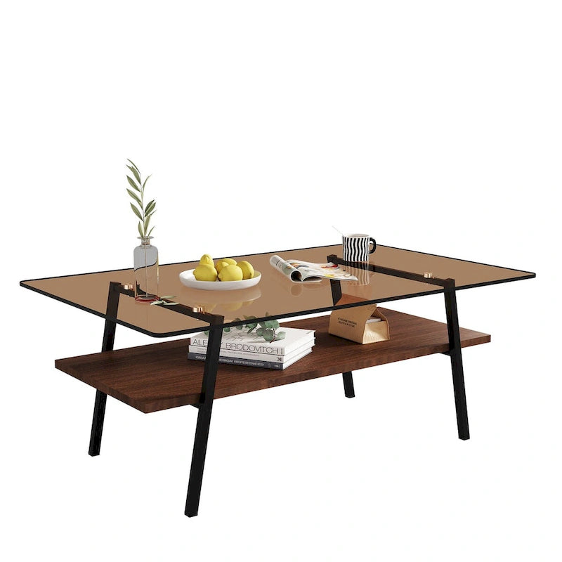 Tavolino da Caffè Rettangolare Bianco/Nero, Stile Moderno, Piano in Vetro Temperato, a 2 Livelli