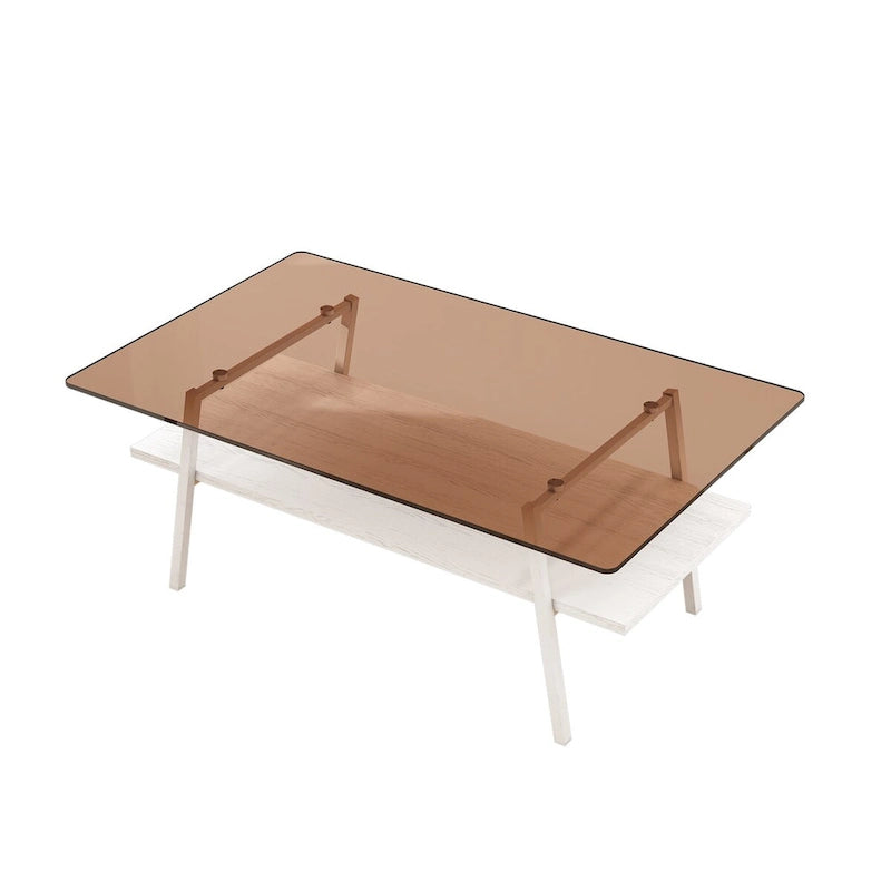 Tavolino da Caffè Rettangolare Bianco/Nero, Stile Moderno, Piano in Vetro Temperato, a 2 Livelli