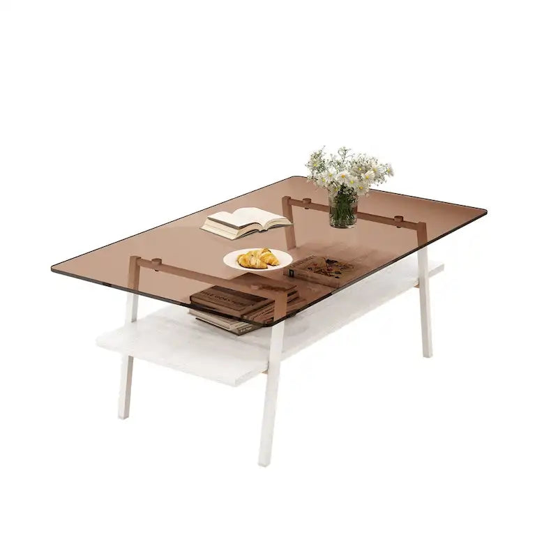 Tavolino da Caffè Rettangolare Bianco/Nero, Stile Moderno, Piano in Vetro Temperato, a 2 Livelli