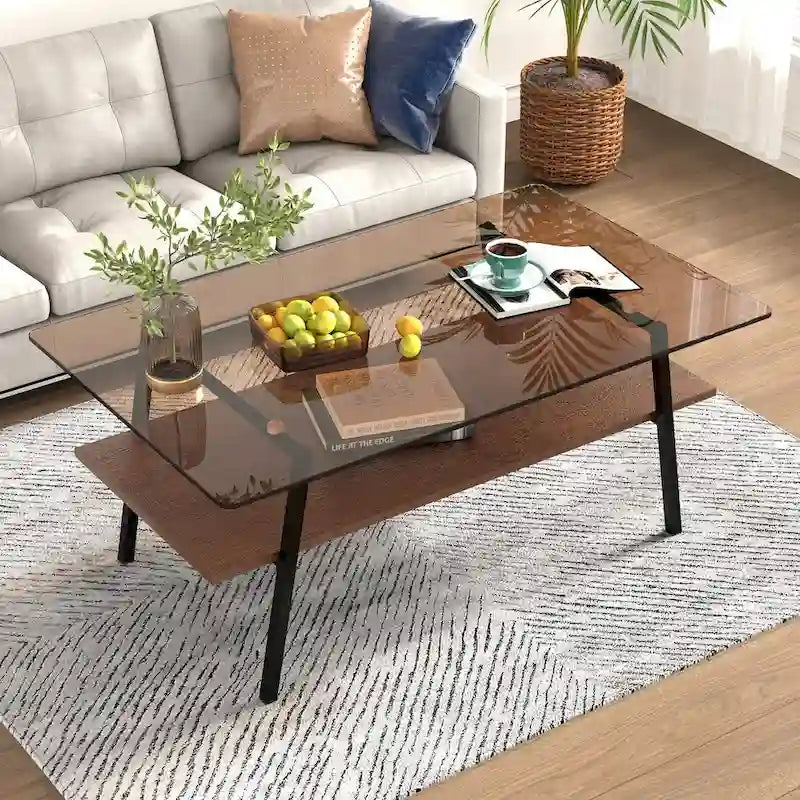 Tavolino da Caffè Rettangolare Bianco/Nero, Stile Moderno, Piano in Vetro Temperato, a 2 Livelli
