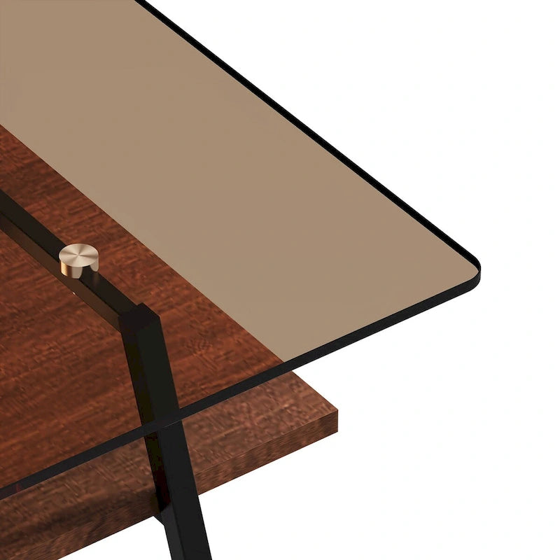Tavolino da Caffè Rettangolare Bianco/Nero, Stile Moderno, Piano in Vetro Temperato, a 2 Livelli