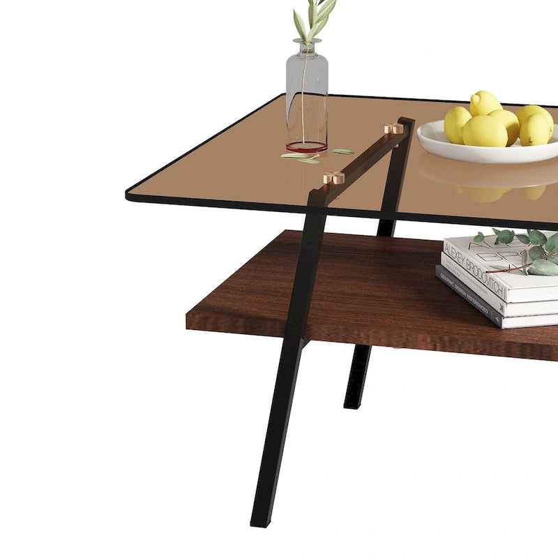 Tavolino da Caffè Rettangolare Bianco/Nero, Stile Moderno, Piano in Vetro Temperato, a 2 Livelli