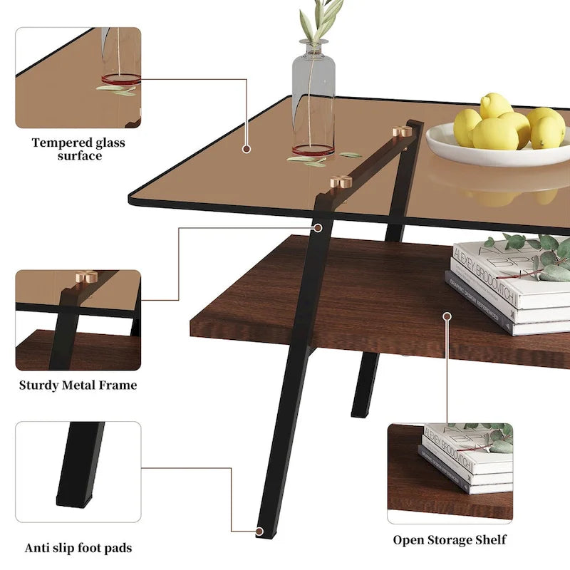 Tavolino da Caffè Rettangolare Bianco/Nero, Stile Moderno, Piano in Vetro Temperato, a 2 Livelli