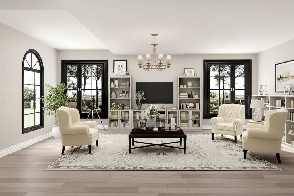 Home Media Center Sleek Design with Ample Shelving and Glass Accents