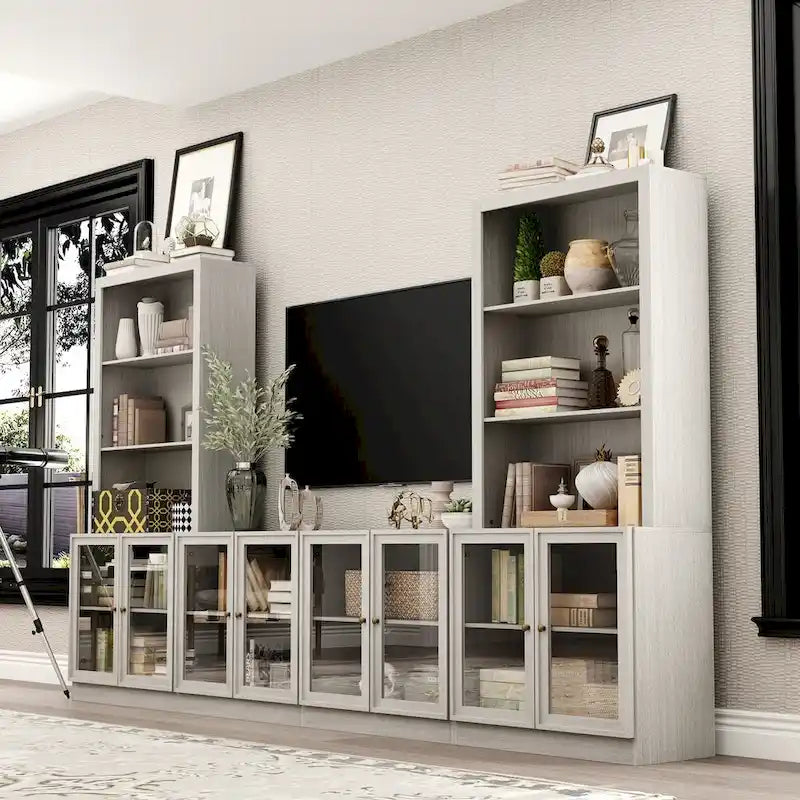Mobile porta TV con finitura grigio effetto legno e ante in vetro, soluzione a unità singola, adatto per TV fino a 61"