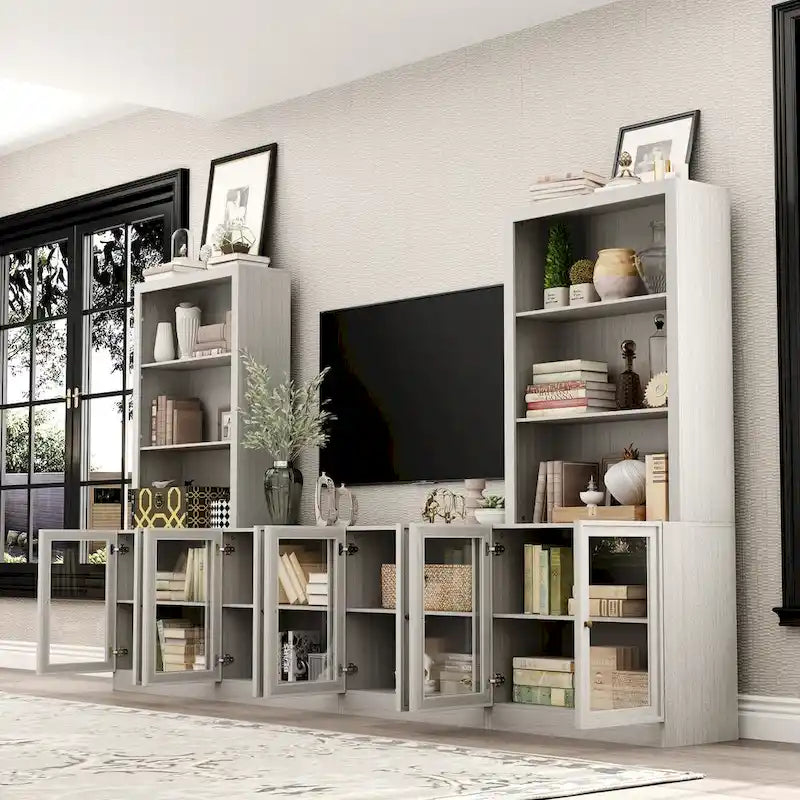 Mobile porta TV con finitura grigio effetto legno e ante in vetro, soluzione a unità singola, adatto per TV fino a 61"