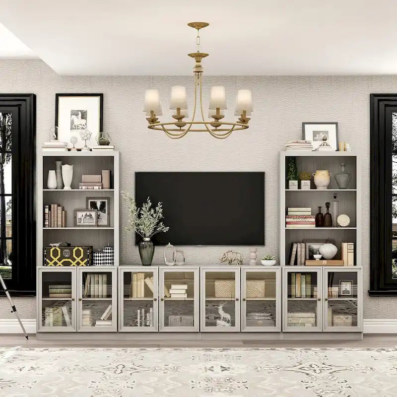 Mobile porta TV con finitura grigio effetto legno e ante in vetro, soluzione a unità singola, adatto per TV fino a 61"