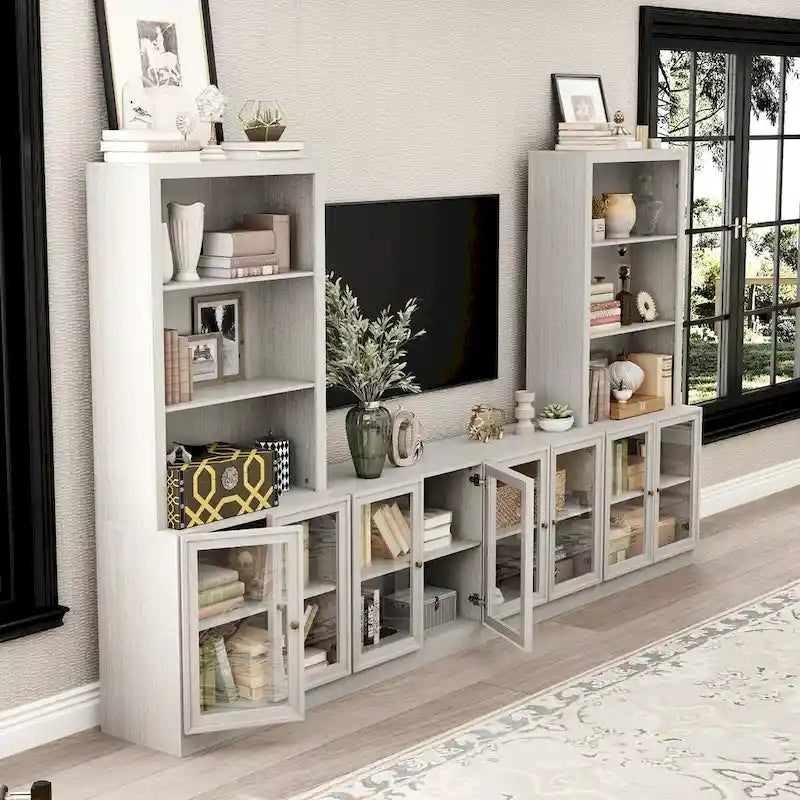 Mobile porta TV con finitura grigio effetto legno e ante in vetro, soluzione a unità singola, adatto per TV fino a 61"