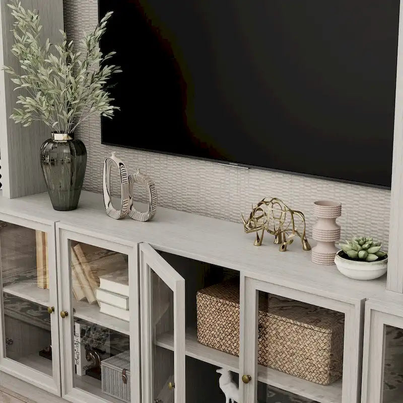Mobile porta TV con finitura grigio effetto legno e ante in vetro, soluzione a unità singola, adatto per TV fino a 61"