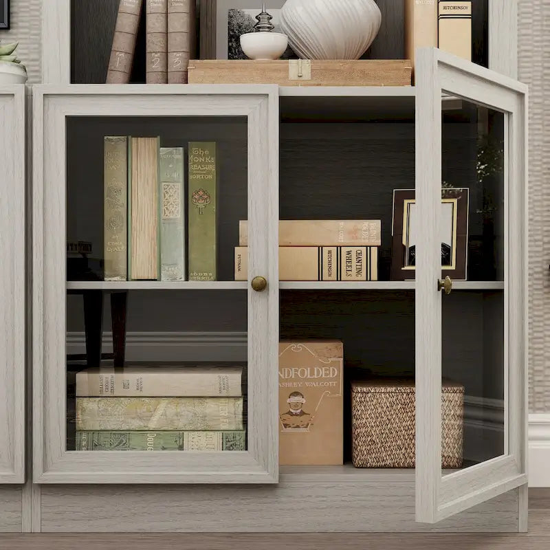 Mobile porta TV con finitura grigio effetto legno e ante in vetro, soluzione a unità singola, adatto per TV fino a 61"