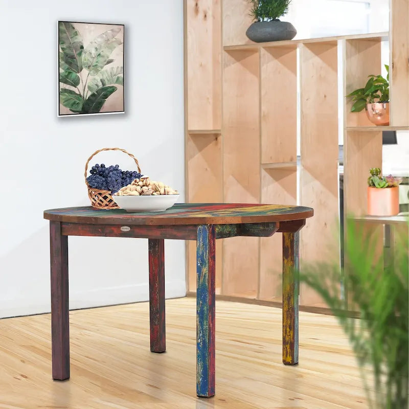 Tavolo da pranzo rotondo multicolore, in legno di teak riciclato, 122 cm, 4 posti