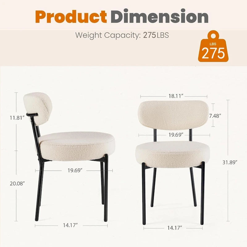 Sedia da pranzo rotonda imbottita bianca/grigia/nera, stile metà secolo, set da 2