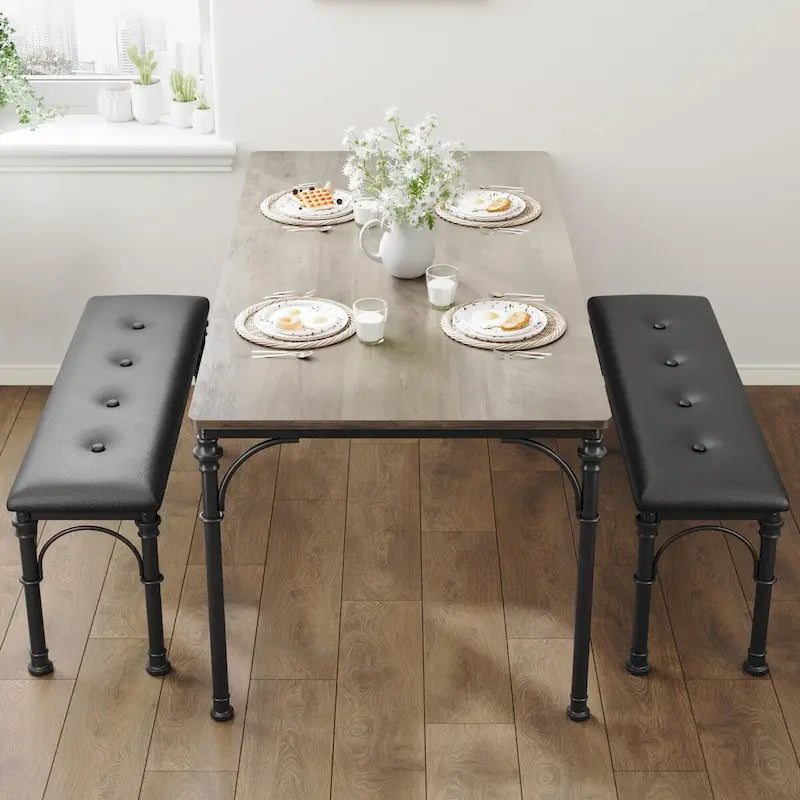 Set da pranzo per 4 persone in stile industriale grigio/marrone (1 tavolo + 2 panche)