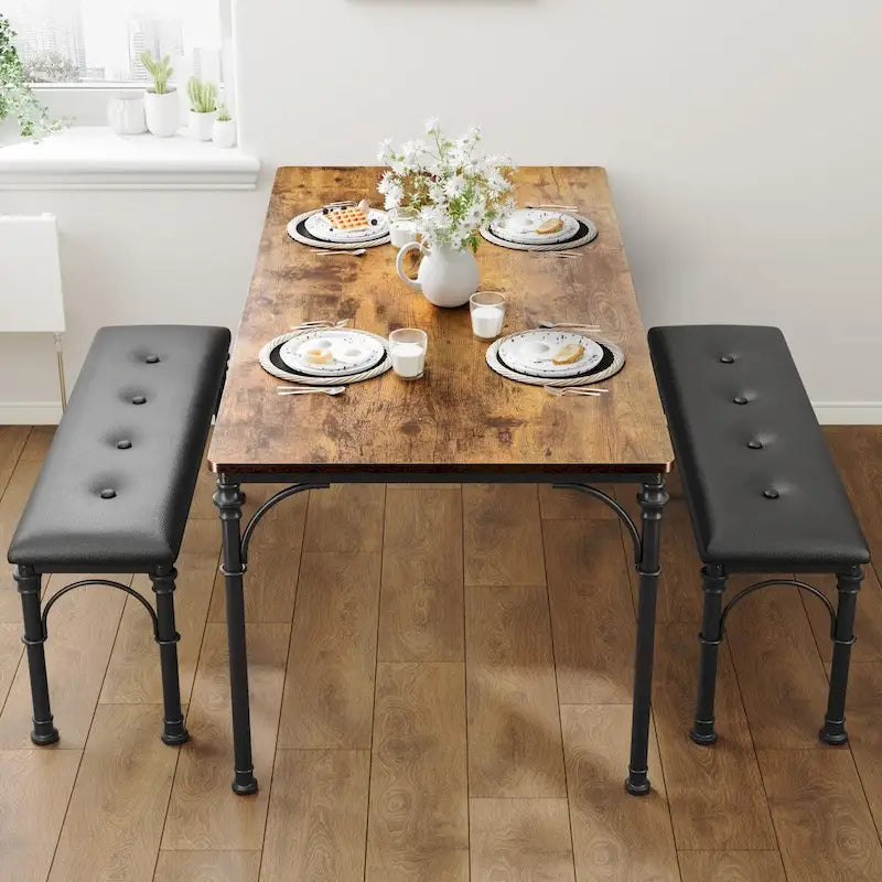 Set da pranzo per 4 persone in stile industriale grigio/marrone (1 tavolo + 2 panche)