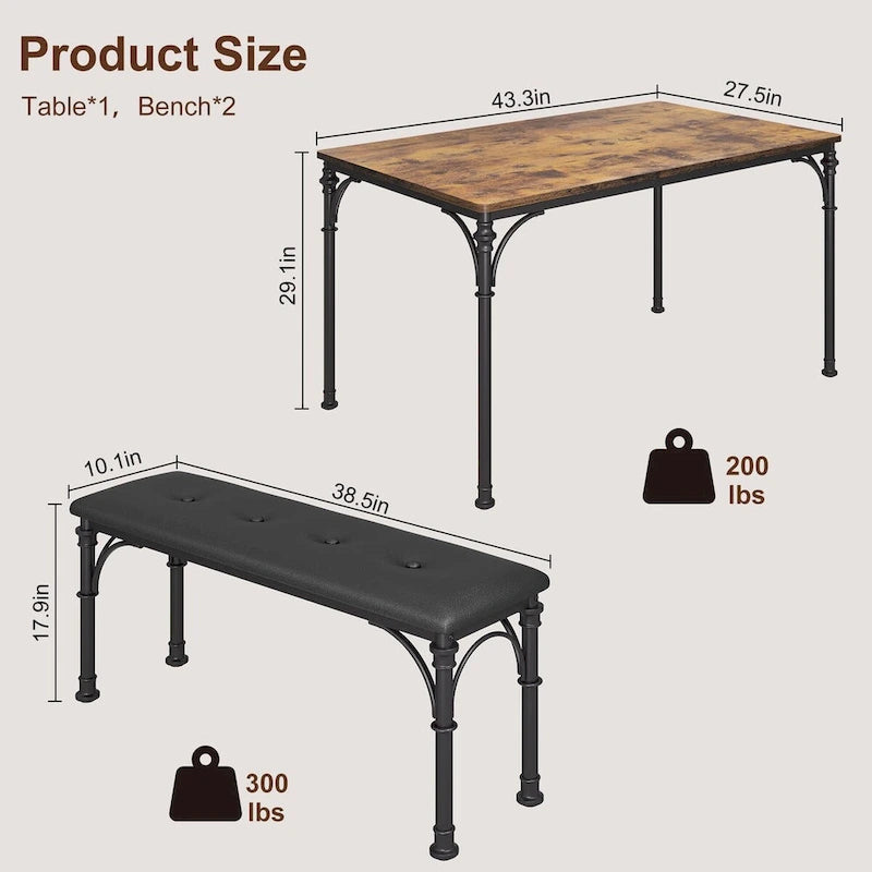 Set da pranzo per 4 persone in stile industriale grigio/marrone (1 tavolo + 2 panche)