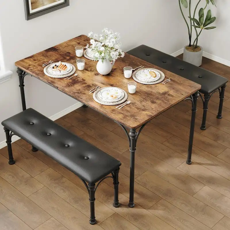 Set da pranzo per 4 persone in stile industriale grigio/marrone (1 tavolo + 2 panche)