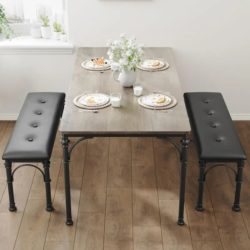 Set da pranzo per 4 persone in stile industriale grigio/marrone (1 tavolo + 2 panche)