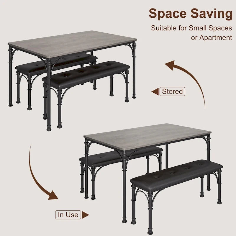 Set da pranzo per 4 persone in stile industriale grigio/marrone (1 tavolo + 2 panche)