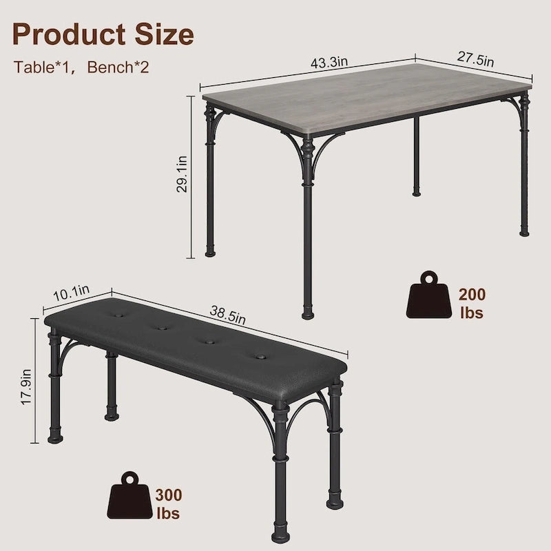 Set da pranzo per 4 persone in stile industriale grigio/marrone (1 tavolo + 2 panche)