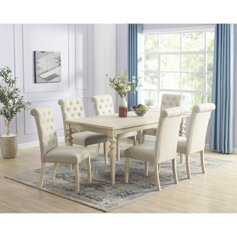 Tavolo da pranzo con gambe tornite e 6 sedie capitonné, 6 posti – Marrone / Beige / Marrone beige
